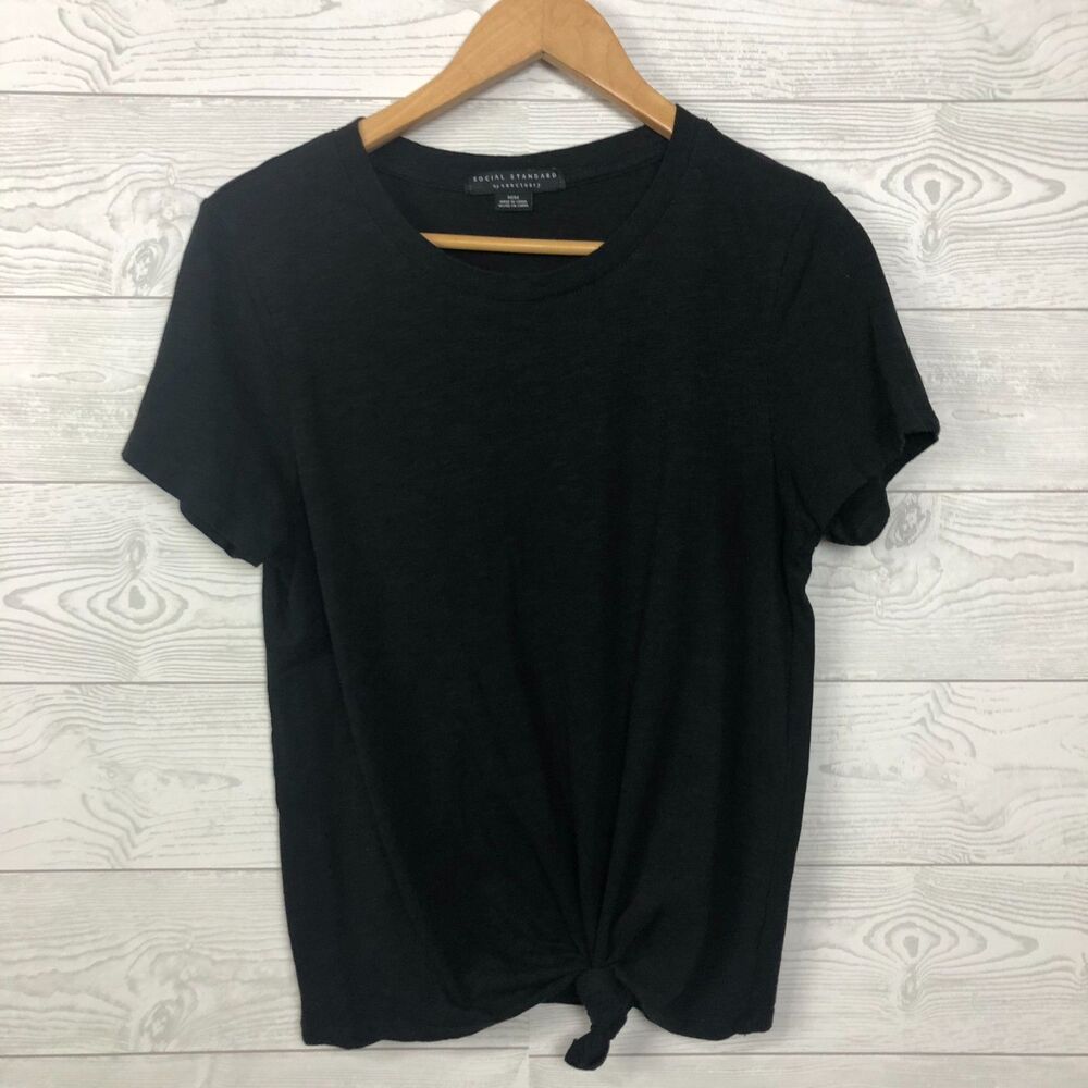 Social Standard by Sanctuary Women's Medium Short Sleeve Tee Knotted Front Black
